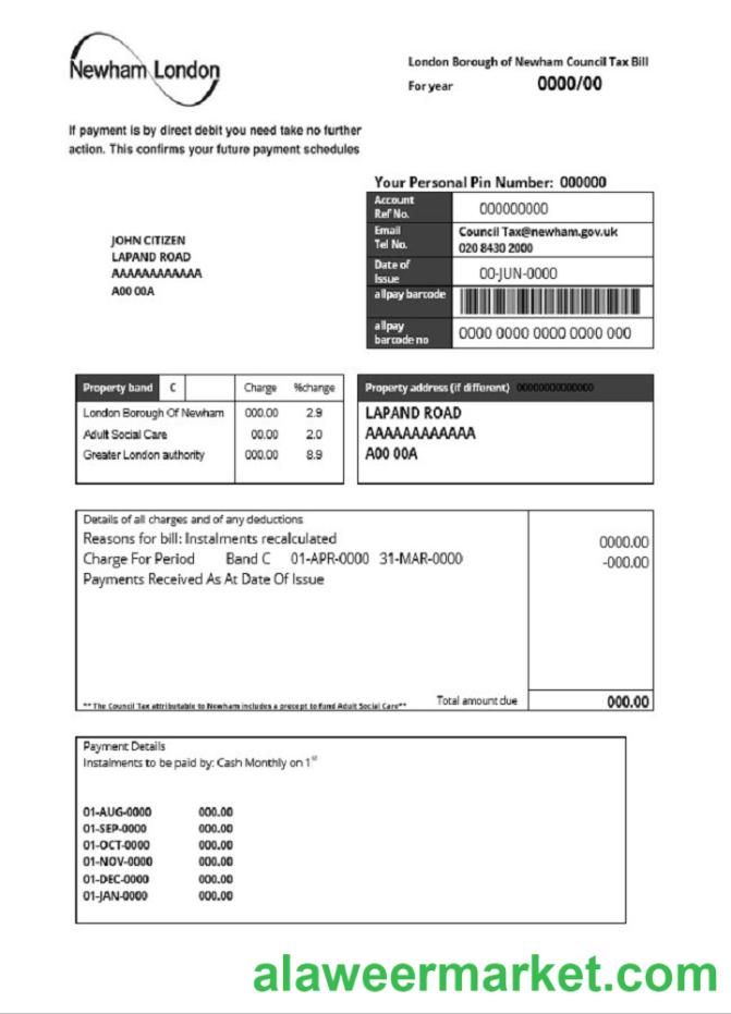 United Kingdom London of Borough of Newham council tax bill template in Word and PDF format